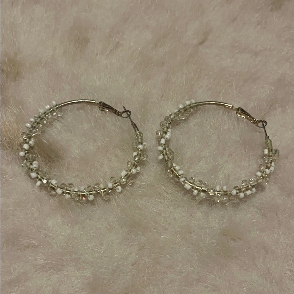 Elegant White Beaded Hoop Earrings